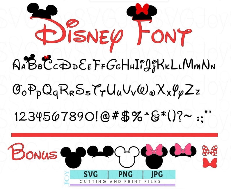 May include: A red and black Disney font alphabet with Mickey Mouse ears and Minnie Mouse bows. The alphabet includes uppercase and lowercase letters, numbers, and symbols. The word "Bonus" is written in red with Mickey Mouse ears and Minnie Mouse bows.