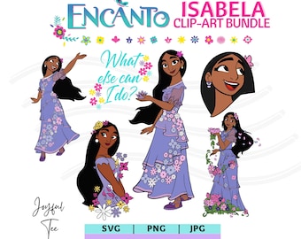 May include: A digital clip art bundle featuring four different images of a cartoon character from the movie Encanto. The character is a young woman with long black hair, brown skin, and a purple dress with floral designs. The text "What else can I do?" is included in the image. The text "ENCANTO ISABELA CLIP-ART BUNDLE" is also included in the image.