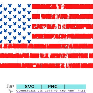 May include: A distressed American flag design with blue Mickey Mouse heads replacing the stars. The flag is red, white and blue.