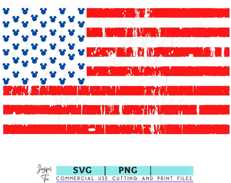 May include: A distressed American flag design with blue Mickey Mouse heads replacing the stars. The flag is red, white and blue.