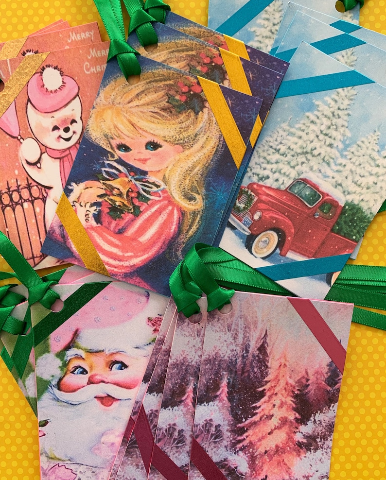 Retro Christmas Holidays Santa Snowmen Gift Tags // Set of 5 // Holidays // Handmade // White Christmas image 1
