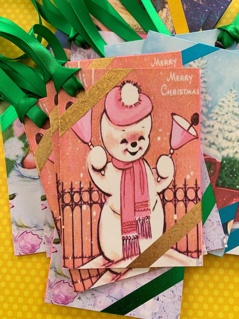 Retro Christmas Holidays Santa Snowmen Gift Tags // Set of 5 // Holidays // Handmade // White Christmas image 3
