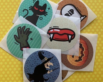 Set of 8 Halloween Envelope Seals Stickers // Zombies // Cats // Witches