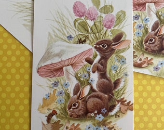 Set of 5 Cottagecore Bunny Rabbit Mushrooms Playing Cards // Scrapbooking // Junk Journal