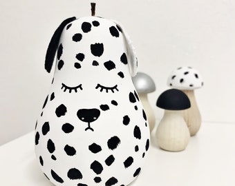 Dalmatian spot dog wooden pear. Nursery decor, shelf sitter, monochrome children’s decoration, birthday gift, baby shower. Christmas gift.