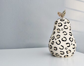 Leopard print wooden pear home decor, shelf sitter. Unique birthday gift. Sparkly gold decoration. Wooden fruit. Animal print shelf styling