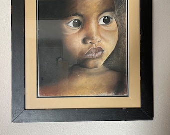 AFRICAN CHILD (still life ORIGINAL acrylic painting, 22x24.5", framed, 2001)