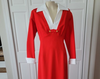 Vintage 1970s Red Maxi Dress with White Collar and Cuffs