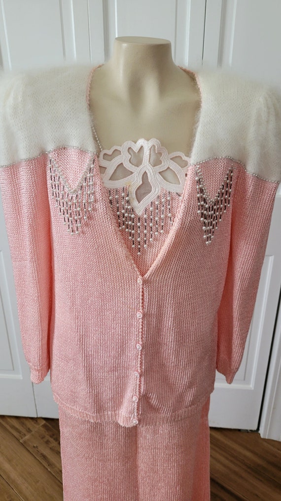 Vintage 1960s Pink-White 3-Piece Sweater Skirt Set