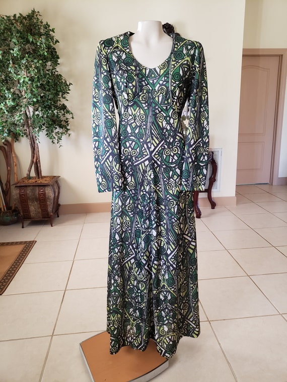 1960-70s Green Abstract Pattern Maxi Dress - image 3