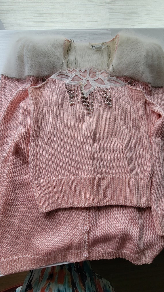 Vintage 1960s Pink-White 3-Piece Sweater Skirt Set - image 9