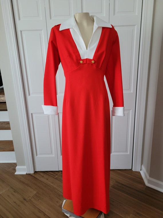 Vintage 1970s Red Maxi Dress with White Collar an… - image 1