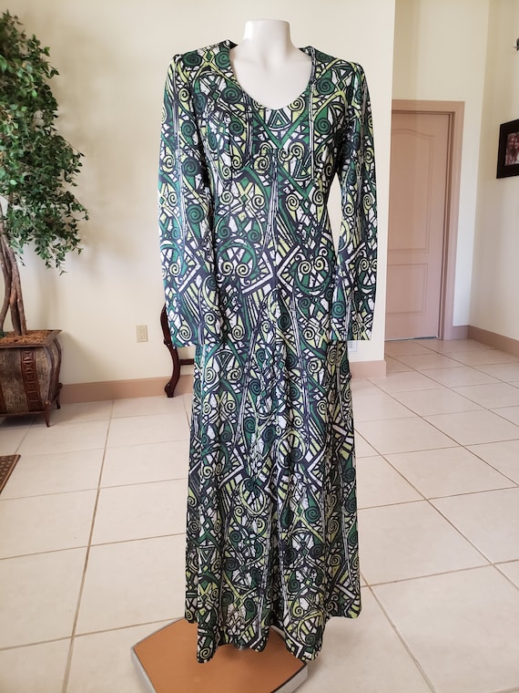 1960-70s Green Abstract Pattern Maxi Dress