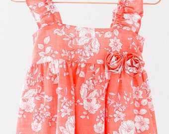 Handmade in Spain Toddler Orange Floral Cotton Dress with Bow on Back, for any occasion