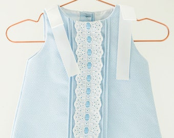 Handmade in Spain Baby Girl  Cotton Pique Dress with Decorative Cotton Trim  for Special Occassion,  Baptism, Christening and Everyday