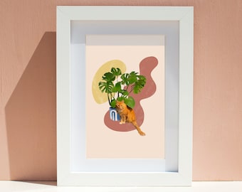 Cat Plant Art Print, Orange cat art, plant Art, Tropical art print, cat decor, plant decor, contemporary art, cat wall art, neutral art