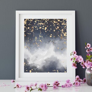 Impresión artística de cielo nocturno, arte de pared nocturno, estrellas doradas, póster abstracto azul, decoración de pared dorada, impresión de cielo nocturno, noche estrellada, póster de estrellas