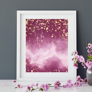 Lámina artística rosa, arte de pared rosa, estrellas doradas, póster abstracto rosa, decoración de pared dorada, lámina artística rosa dorada, noche estrellada, póster dorado