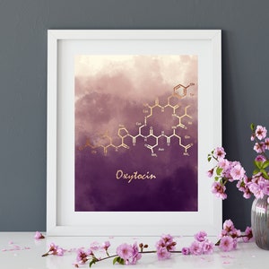 Puede incluir: Una impresión enmarcada con un fondo de acuarela púrpura y rosa que presenta una estructura química dorada de oxitocina. El texto "Oxitocina" está escrito en dorado debajo de la estructura.