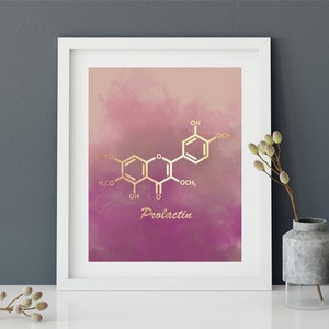 May include: A printable art print with a pink watercolor background and a gold chemical structure of prolactin. The text "Prolactin" is written in gold below the chemical structure.