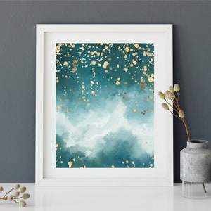 Turquoise Art Print, Green Wall Art, Gold Stars, Abstract Green Poster, Gold Wall Decor, Green Art Print, Starry Night, Gold Poster