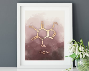 Cafeïnemolecuulposter, cafeïnekunstdruk, koffiekunst, cafeïnemuurkunst, geschenken voor leraren, kunst aan de muur keuken, kantoorinrichting, cafeïneprint