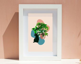 Black cat art, cat plant art, Boho art print, cat decor, plant decor, contemporary art, cat wall art, neutral art