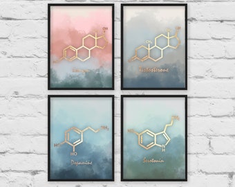 4 piece wall art, Set of 4, Molecule Prints, Serotonin molecule, Dopamine Molecule, Nursery art, Chemistry art, office decor