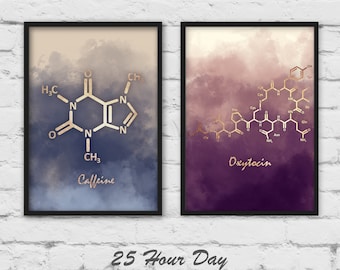 2 Piece art, Caffeine Molecule, Oxytocin molecule, Chemistry gift, chemistry art, gallery wall, 2 piece wall art, Molecule art