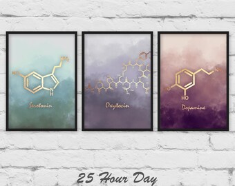 3 Piece wall art, Set of 3 Prints, Serotonin molecule poster, Dopamine Molecule art, Oxytocin poster, Chemistry gift, teacher gift