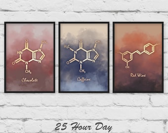 Art set of 3, Set of 3 Prints, Kitchen posters, Caffeine Molecule, Chocolate Molecule, Wine Molecule, Nurse gift, Science gift