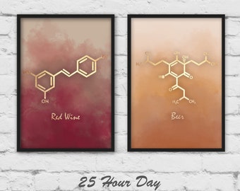 Alcohol art, Beer molecule Art, wine art, Chemistry gift, bartender art, bar art, 2 piece wall art, set of 2 prints, Molecules