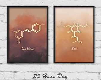 Beer Wine Art Prints, Beer molecule, Wine molecule,Kitchen Art, Kitchen gift, gallery wall, housewarming gift, bar art