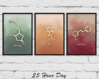 Bar Art, Bar Prints, Set of 3 Art Prints, Wine Art, Whiskey art, Beer art, molecule, Office gift, Doctor gift