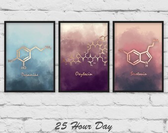 3er Set Kunstdrucke, Serotonin Molekül, Dopamin Molekül, Oxytocin Molekül, 3er Set Kunstdrucke, Geschenk Chemie, Büro Dekor, Geschenk für einen Lehrer