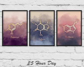 Set of 3 wall art, Serotonin Art, Dopamine art, Caffeine art, Chemistry gift, teacher gift, gallery wall set, 3 piece wall art