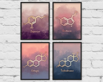 Set of 4 Print, molecule poster, Molecule art, Gallery wall prints, Chemistry gift, 4 piece wall art, nursery decor, set of prints