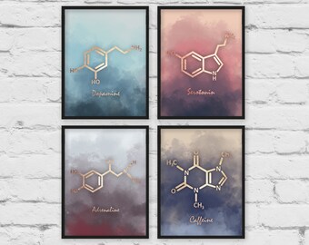 Set of 4 Prints, Serotonin molecule poster, Dopamine Molecule art, Gallery wall prints, Chemistry gift, teacher gifts, 4 piece wall art