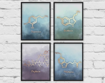 Set of 4 Molecule Prints, Serotonin molecule poster, Dopamine Molecule art, Chemistry art, teacher gifts, 4 piece wall art, office decor