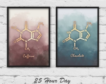 Molecule Art Prints, Chocolate molecule, Caffeine molecule, Kitchen Art, Kitchen gift, molecule art, housewarming gift