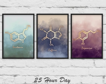 Set of three Prints, Serotonin poster, Dopamine Molecule, Caffeine poster, Chemistry gift, teacher gift, Office art, 3 piece wall art