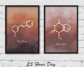 Molecule Prints, Wine Molecule, Chocolate molecule, Chemistry gift, doctor gift, gallery wall, 2 piece wall art, Molecule art prints
