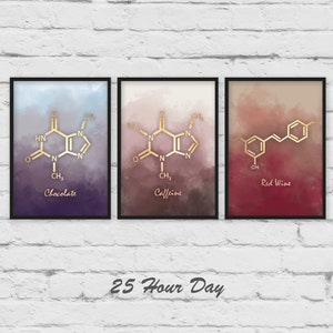 3 Prints, Art Set, Caffeine molecule poster, Wine Molecule art, Chocolate Molecule, Chemistry gift, teacher gift, 3 piece wall art