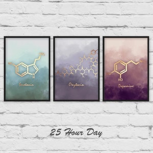 3 Piece wall art, Set of 3 Prints, Serotonin molecule poster, Dopamine Molecule art, Oxytocin poster, Chemistry gift, teacher gift image 1