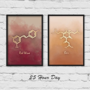 Alcohol art, Beer molecule Art, wine art, Chemistry gift, bartender art, bar art, 2 piece wall art, set of 2 prints, Molecules
