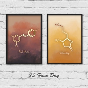 Wall Art Set of 2, Wine molecule, Whiskey molecule, Chemistry gift, teacher gift, gallery wall, 2 piece wall art, set of 2 prints