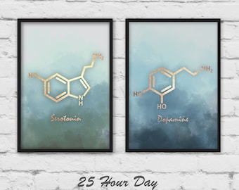 Wall Art Set of 2, Serotonin molecule, Dopamine molecule, Chemistry gift,gallery wall, 2 piece wall art, set of 2 prints, molecule wall art