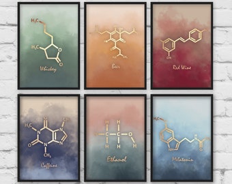 Set of 6 Bar Prints, Set of 6 Kitchen prints, Whiskey molecule, Wine Molecule, Chemistry art, alcohol art, set of 6 wall art