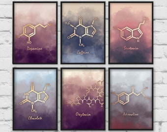 Set of 6 Molecule Prints, Set of 6 nursery prints, Serotonin molecule, Dopamine Molecule, Chemistry art, classroom art, set of 6 wall art