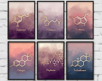 Molecule Set of six Prints, gallery wall set, Serotonin molecule, Dopamine Molecule, Chemistry art, classroom art, teacher gift